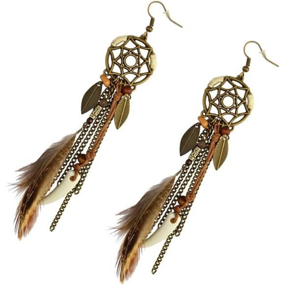 Punk Vintage Long Tassel Feather & Beads Drop Earrings - Wolf Tooth Pendant - Picture 4 of 8